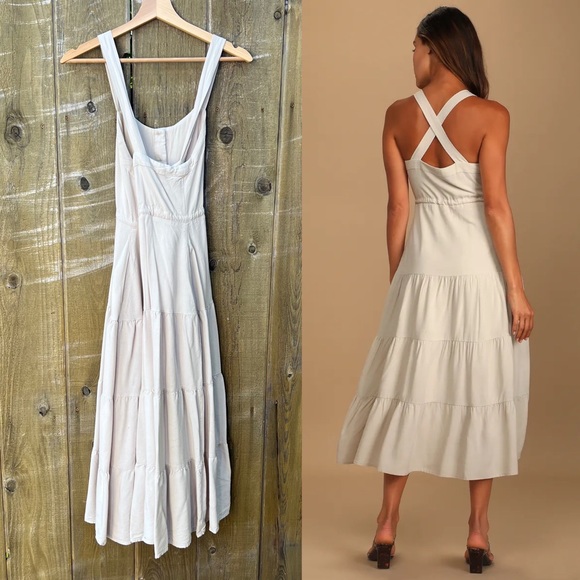 Beige Button-Front Tiered Criss-Cross Midi Dress 🌿 - Picture 3 of 10